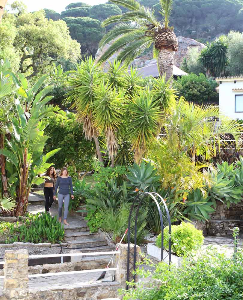 Jardin luxuriant avec vue montagne et océan retraite Yoga en espagne